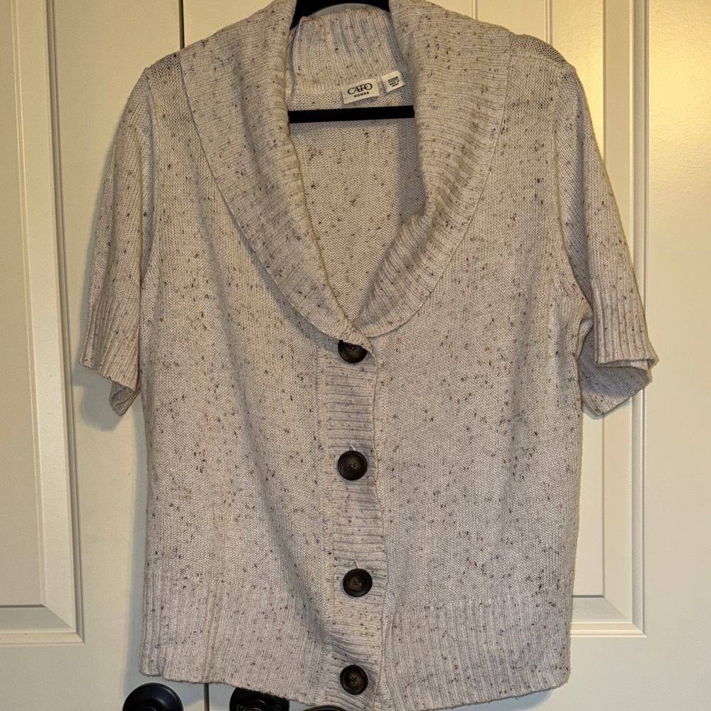 Cato Oatmeal Speckle Short-Sleeve Shawl Collar Cardigan